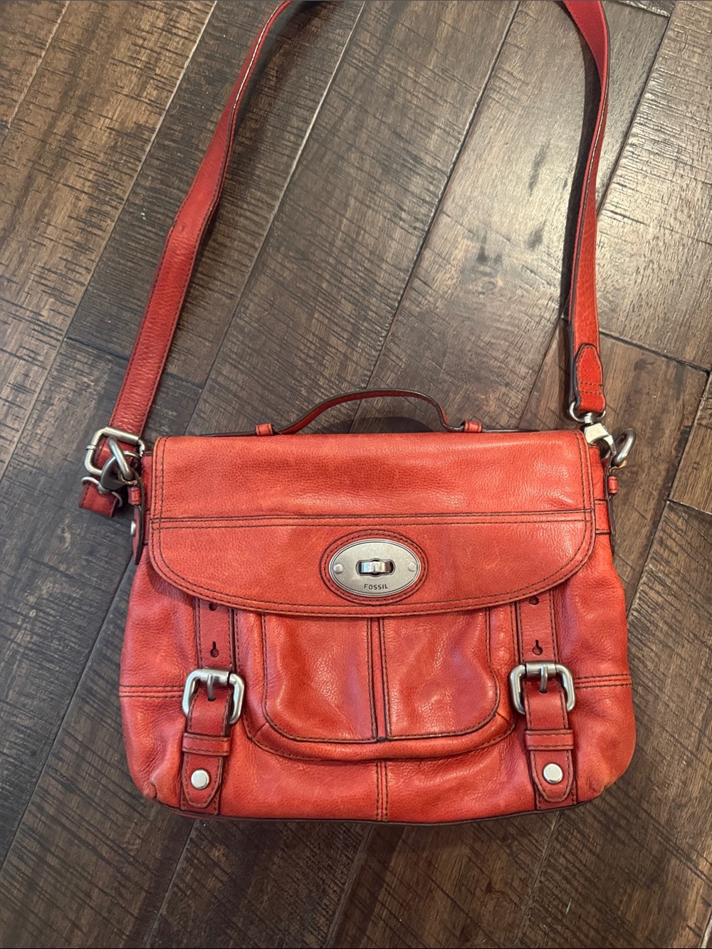 Fossil Orange-Red Leather Crossbody Satchel with Silver Hardware